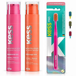 Kit Gel Dental Kess Whitelicious:Melancia Ice e Pêssego Ice 60g + Escova Dental Kess Pro Cores Variadas 2087