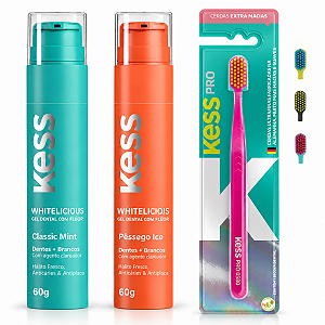 Kit Gel Dental Kess Whitelicious:Pêssego Ice e Classic Mint 60g + Escova Dental Kess Pro Cores Variadas 2087