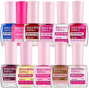 Kit Esmalte Impala Boca Rosa 10 Cores Efeito Gel + Top Coat 11ml