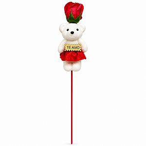 Flor Artificial de Plastico Rosa e Urso 38cm