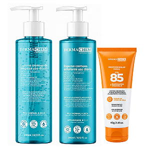 Kit Dermachem Pele Normal a Seca:Espuma Cremosa de Limpeza e Espuma Cremosa Esfoliante 240ml + Protetor Solar Fps85