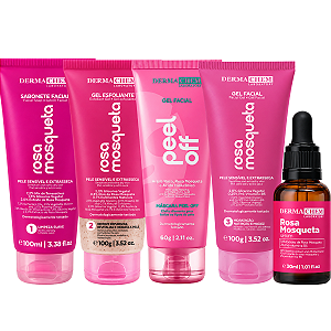 Kit Dermachem Rosa Mosqueta:Sabonete Facial, Gel Esfoliante, Argila Rosa, Gel Facial e Sérum Facial