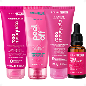 Kit Dermachem Rosa Mosqueta:Sabonete Facial, Argila Rosa, Gel Facial e Sérum Facial