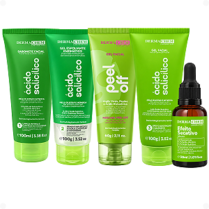 Kit Dermachem Ácido Salicílico:Sabonete Facial,Gel Esfoliante, Gel Facial, Sérum Facial e Argila Verde