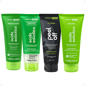 Kit Dermachem Ácido Salicílico:Sabonete Facial, Gel Esfoliante, Gel Facial e Argila Negra