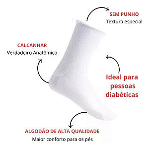 MEIA SEM PUNHO ALGODÃO ESPORTE SAÚDE DIABETES RIKAM BRANCO