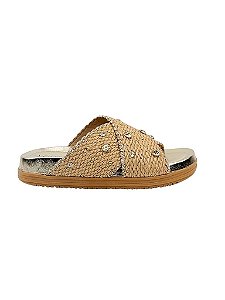 Kalie - Tamanco Birken Feminino Tira Ráfia em X com Strass e Metais Natural