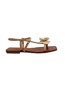 Lira - Sandália Feminina Rasteira Flat Tiras Finas com Flor Palha Caramelo
