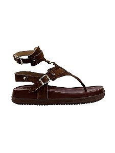 Greta - Sandália Papete Feminina Camuça Tira em Dedo com Amarração Tornozelo e Fivelas Ouro Café