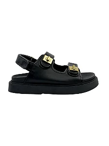 Vivi - Sandália Papete Feminina Tiras Velcro com Metal Ouro Preto