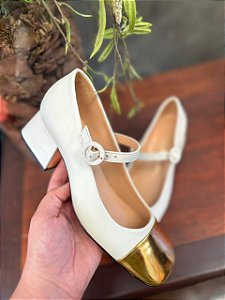 SAPATO MARY JANE LUIZA BARCELOS OURO/OFF WHITE