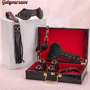 Maleta Kit Sado de Luxo Preto - Algema, Tornozeleira com Corrente,Venda e Chicote