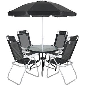 Conjunto Noronha para Jardim em Aluminio com Cadeira + Mesa + Guarda Sol Preto - Bel