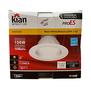 Luminária LED Kian Retrofit PRO ES 16W 1200lm 2700K Branco Quente Base E26 Dimerizável 120V