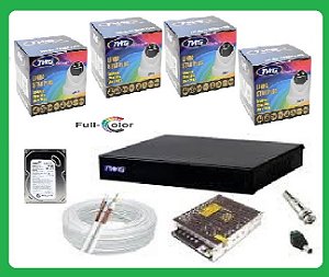 Kit CFTV TWG Full HD 1080p: DVR 4 Canais 6 em 1 + 4 Câmeras Dome Full Color Star Plus + HD 500GB + Cabo