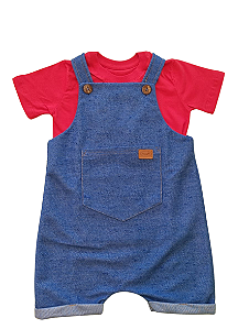 Conjunto Infantil camiseta básica e Jardineira Curta jeans fake