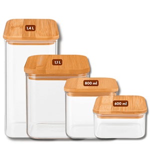Kit 4 Potes de Vidro Quadrado com Tampa de Bambu - Allmix