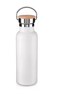 Garrafa Térmica Branco Matte Aço Inox Com Tampa de Bambu - 600ml