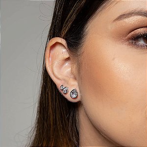 Brinco trio gota zirconia banho de rodio branco