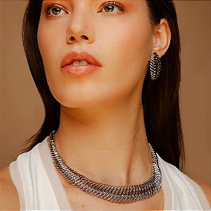 Conjunto brinco e colar liso banho rodio branco