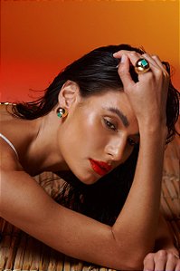 Conjunto brinco e anel zirconia verde esmeralda banho ouro 18k