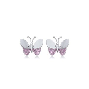 Brinco borboleta com zirconia rosa banho rodio branco