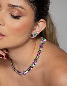 Colar zirconias coloridas banho rodio branco