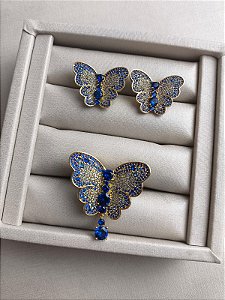 Conjunto brinco e anel borboleta cravejado