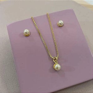 Conjunto brinco e colar infantil perola shell