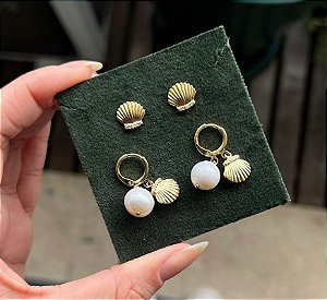 Brinco dupla concha banho ouro 18k