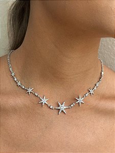 Colar choker estrela banho de rodio branco