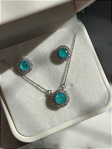Conjunto brinco e colar cravejado zirconia banho rodio branco