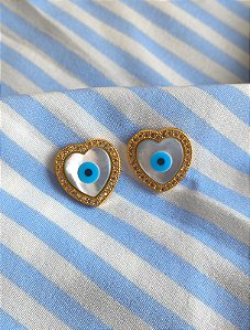 Brinco coração olho grego banho ouro 18k