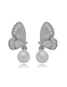 Brinco borboleta perola banho rodio branco