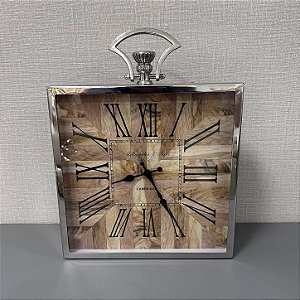 Relogio Numeros Romanos em Aluminio e Madeira Quadrado 40x31cm