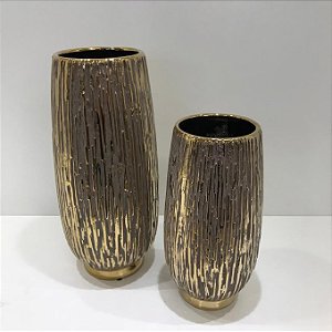 VASO CERAMICA CINZA E DOURADO