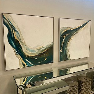 PAR DE QUADROS EM TELA PINTURA A MÃO VERDE 1,0X1,0M