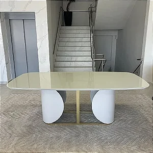 MESA JANTAR FRANCIELE 8 LUGARES COM TAMPO EM VIDRO 2,20M