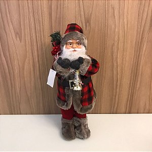BONECO PAPAI NOEL EM PÉ COM LANTERNA E SACO DE PRESENTE ROUPA XADREZ