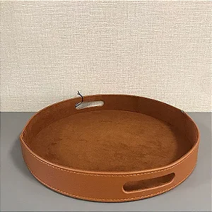 BANDEJA REDONDA COM ALÇA EM  MDF COM PU TERRACOTA - GRANDE