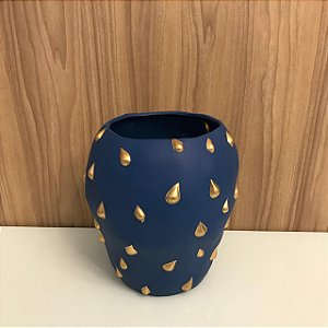 VASO DECORATIVO DE CERAMICA AZUL E DOURADO - GRANDE
