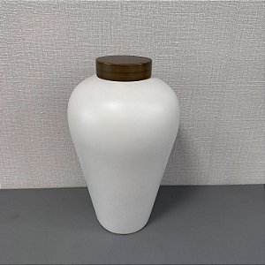 Vaso Garrafa Verona de Ceramica com Tampa em Madeira Pequeno 41x23cm