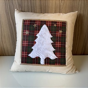 ALMOFADA NATAL SUEDE OFF WHITE COM APLICAÇÃO XADREZ E PELUCIA
