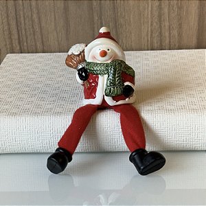 MINI ESCULTURA BONECO DE NEVE EM CERAMICA E PERNINHAS