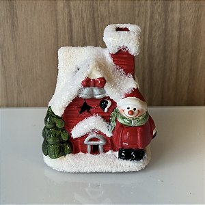 MINI ESCULTURA CASINHA COM BONECO DE NEVE EM CERAMICA COM LED 9CM