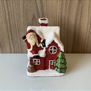 ESCULTURA CASINHA NATAL COM PAPAI NOEL EM CERAMICA COM LED