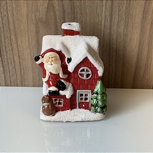 MINI ESCULTURA CASINHA COM PAPAI NOEL EM CERAMICA E LED