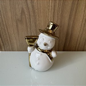 MINI ESCULTURA BONECO DE NEVE BRANCO E DOURADO