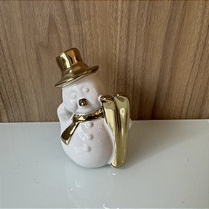 MINI ESCULTURA BONECO DE NEVE BRANCO E DOURADO
