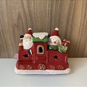 ESCULTURA TREM NATALINO PAPAI NOEL E BONECO DE NEVE EM CERÂMICA COM LED